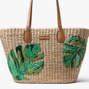 Michael Kors Malibu Palm 🍃 RARE Embroidered Woven Straw Tote Bag